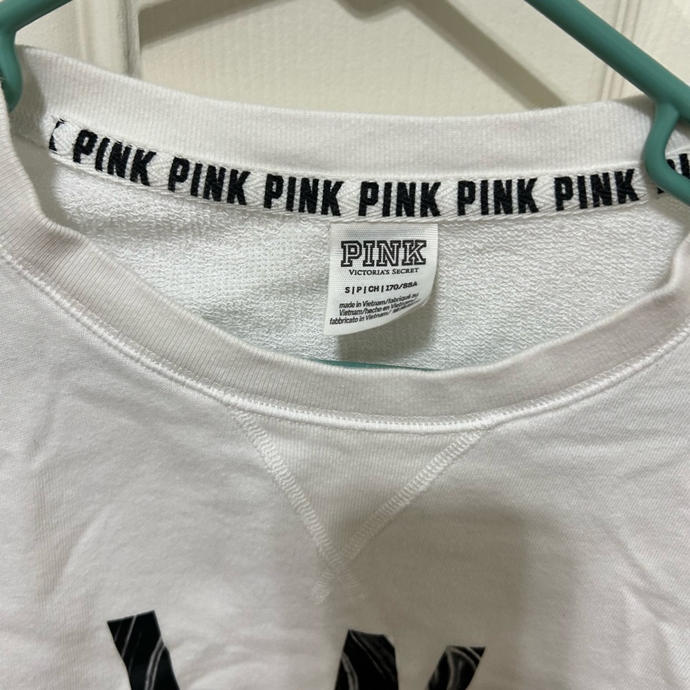 PINK White Cropped Sweatshirt with Black Lettering - Picture 2 of 4